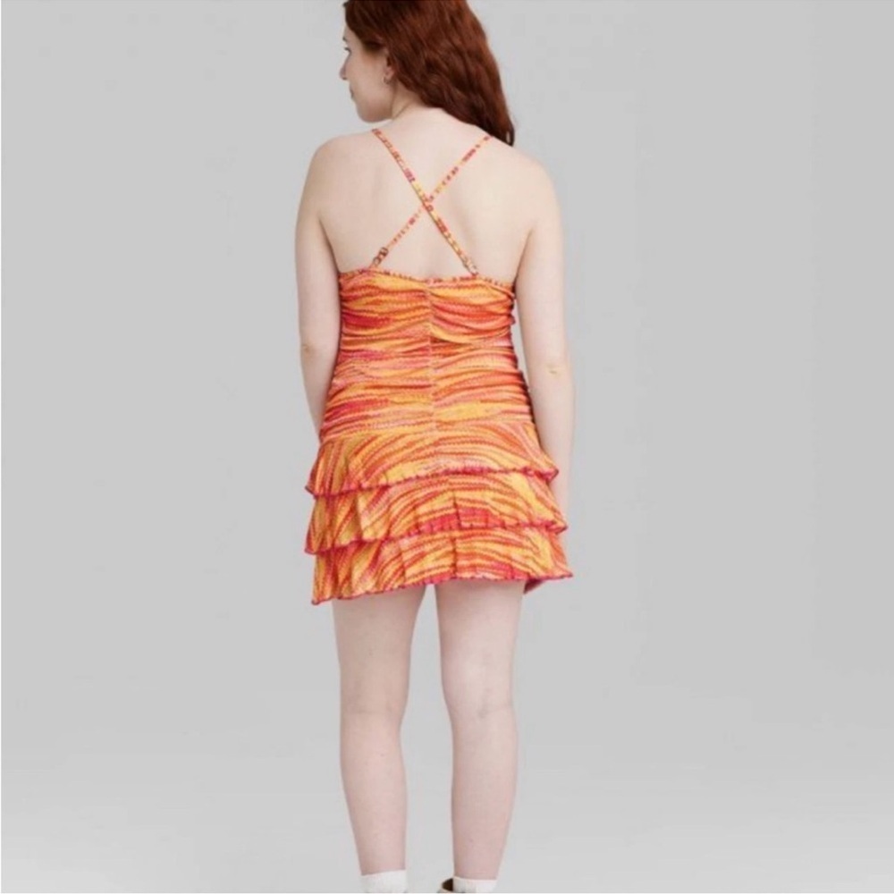 Ruched Dress Size Medium Orange Spaghetti Straps Ruffled - Picture 2 of 5